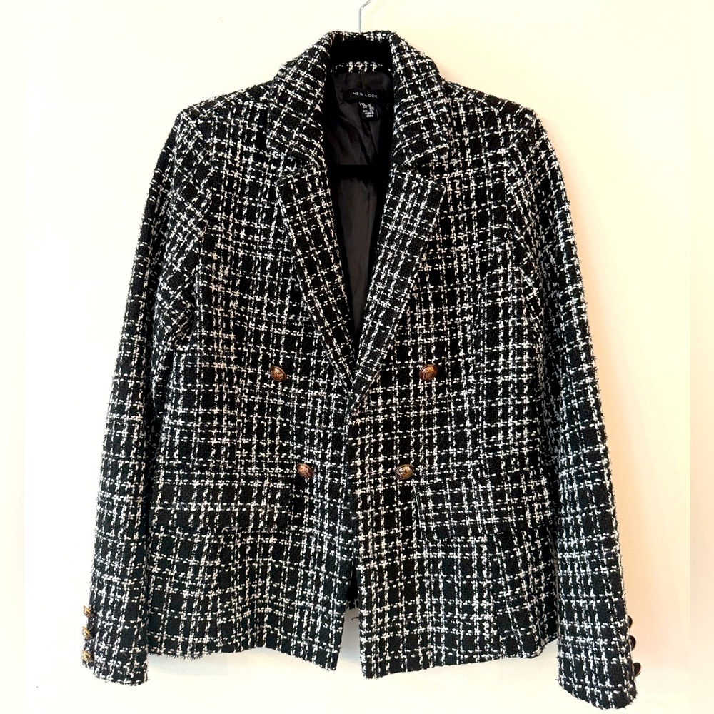 New Look Bouclé Tweed Blazer Black White Double Breasted US 8